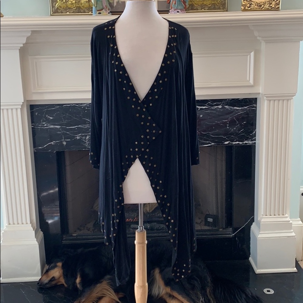 Blk with brass trim knit asymmetrical hem jacket